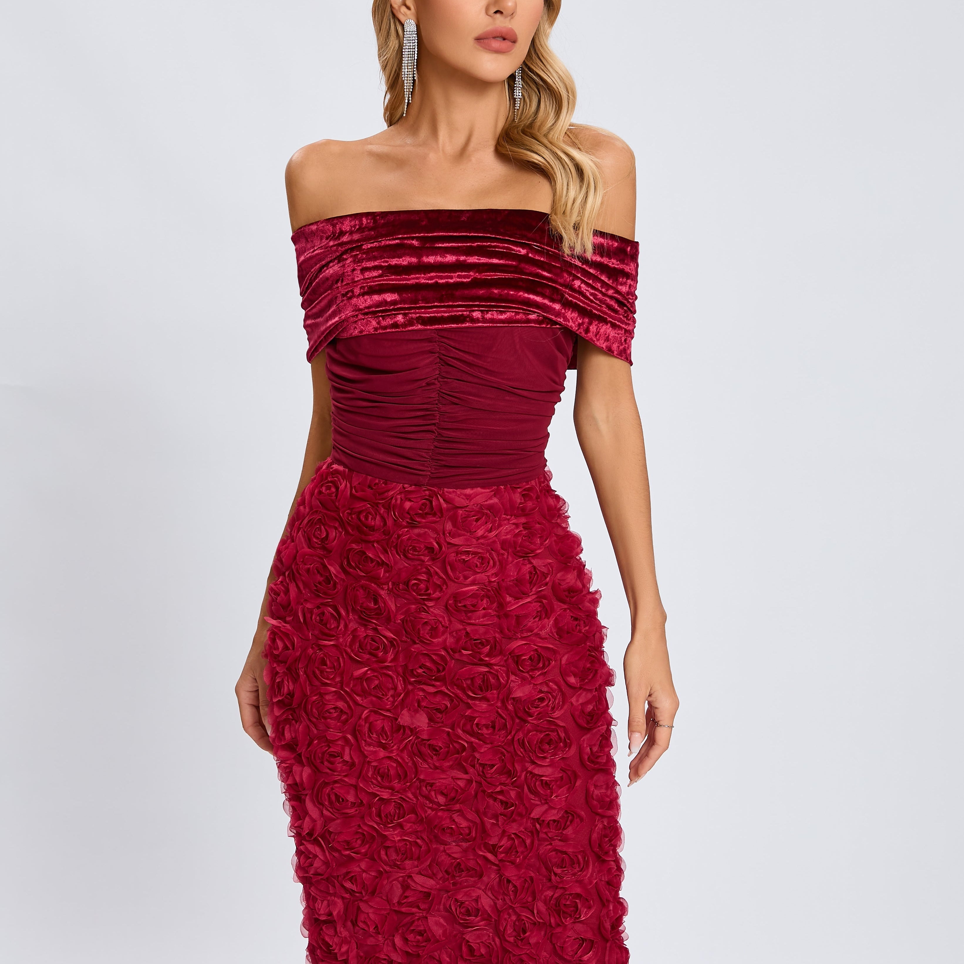 Taylor Kadife Gül Midi Elbise