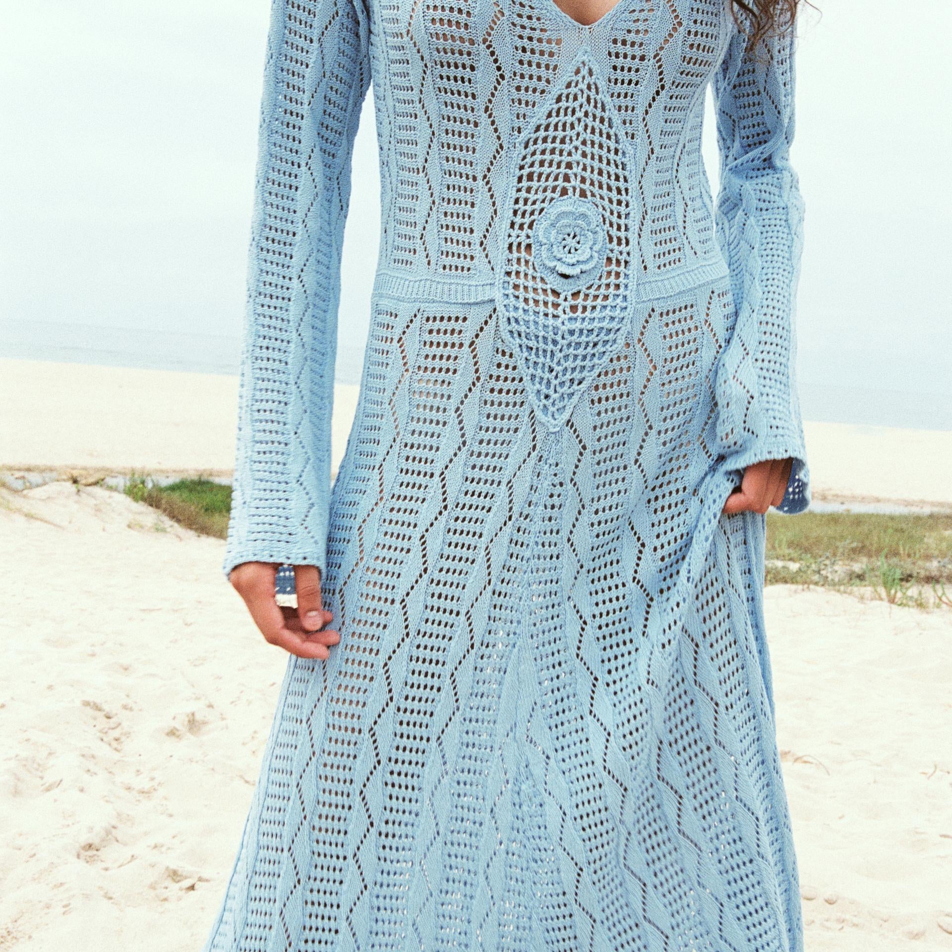 Doris V Yaka Uzun Kollu Örgü Maxi Elbise