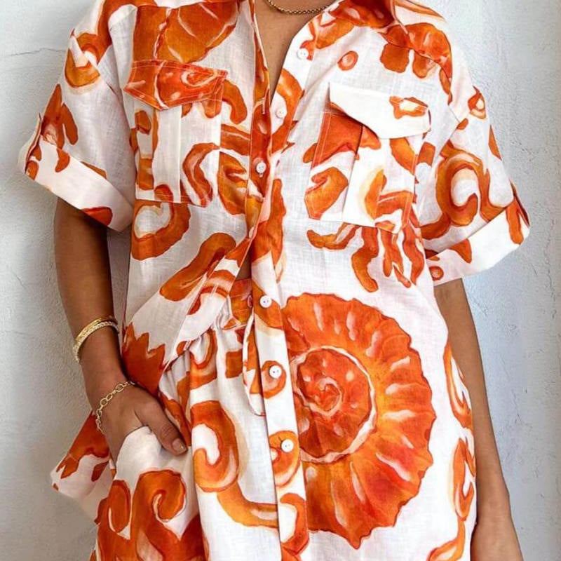 Benzersiz Baskılı Şort Yaka Bol Gömlek Takımı