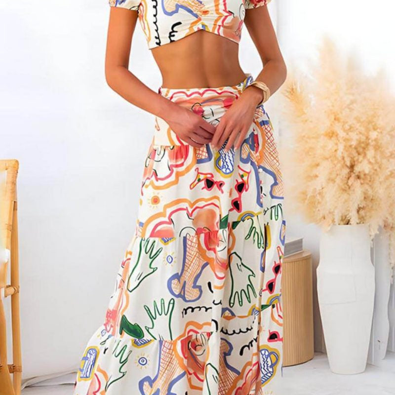 Yaz Baskılı Üst ve Anvelop Etek Takım