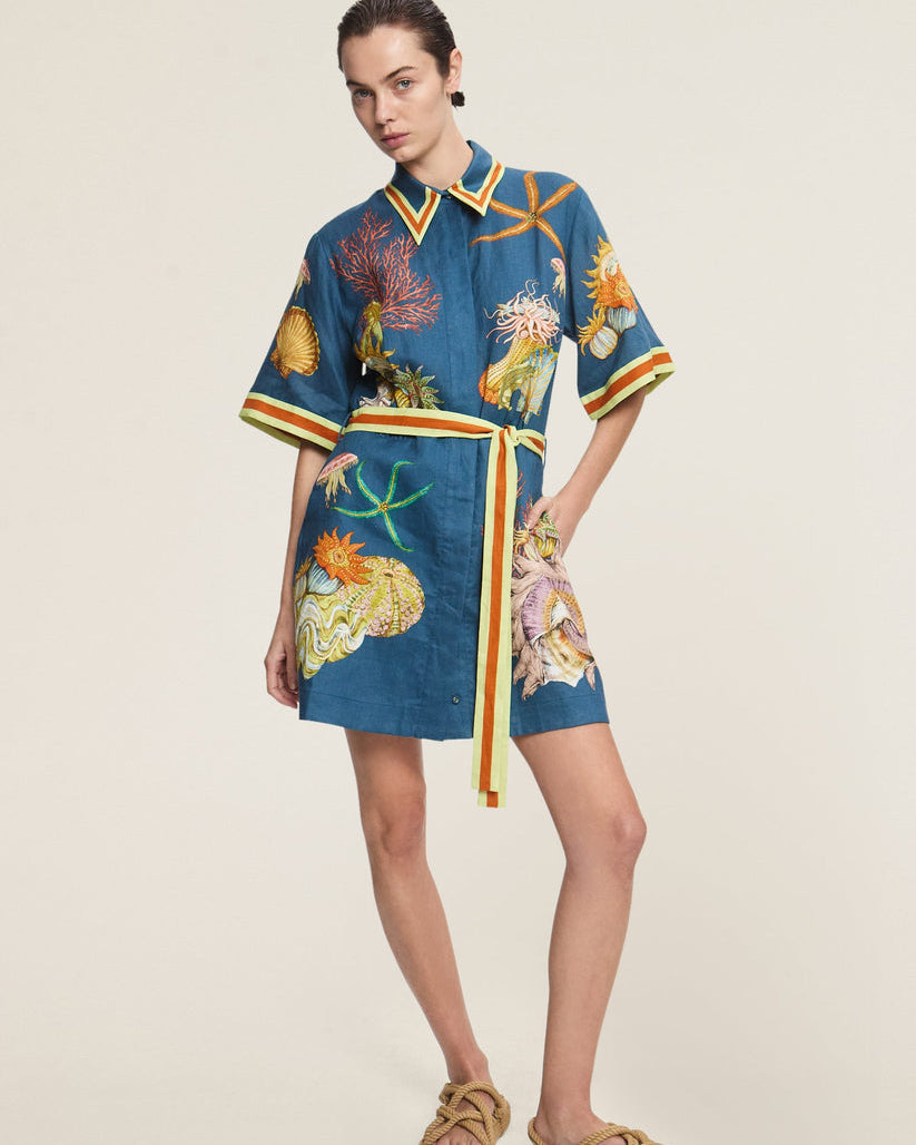 Mareblu Kuşaklı Deniz Desenli Gömlek Elbise