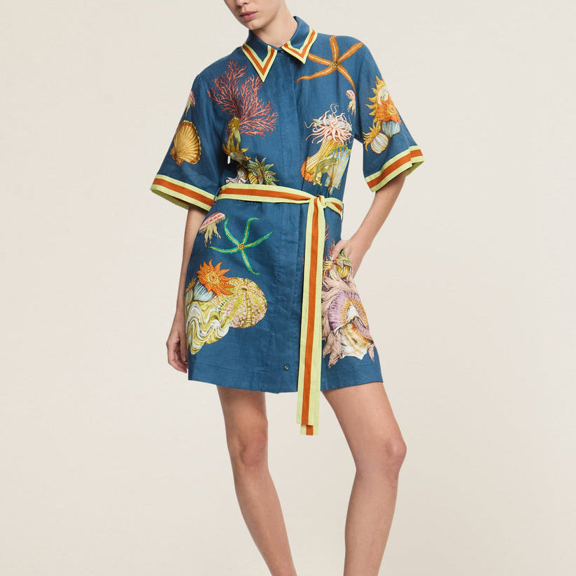 Mareblu Kuşaklı Deniz Desenli Gömlek Elbise