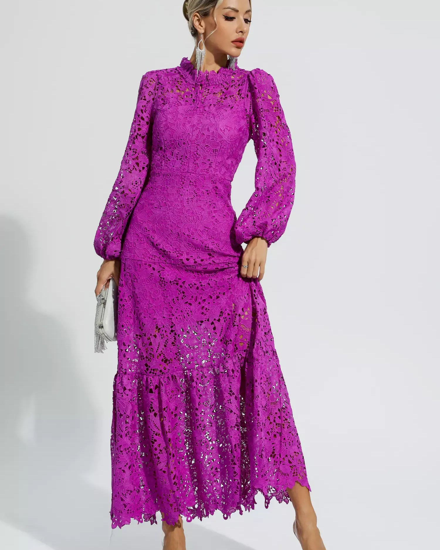 Monroe Mor İçi Boş Uzun Kollu Maxi Elbise