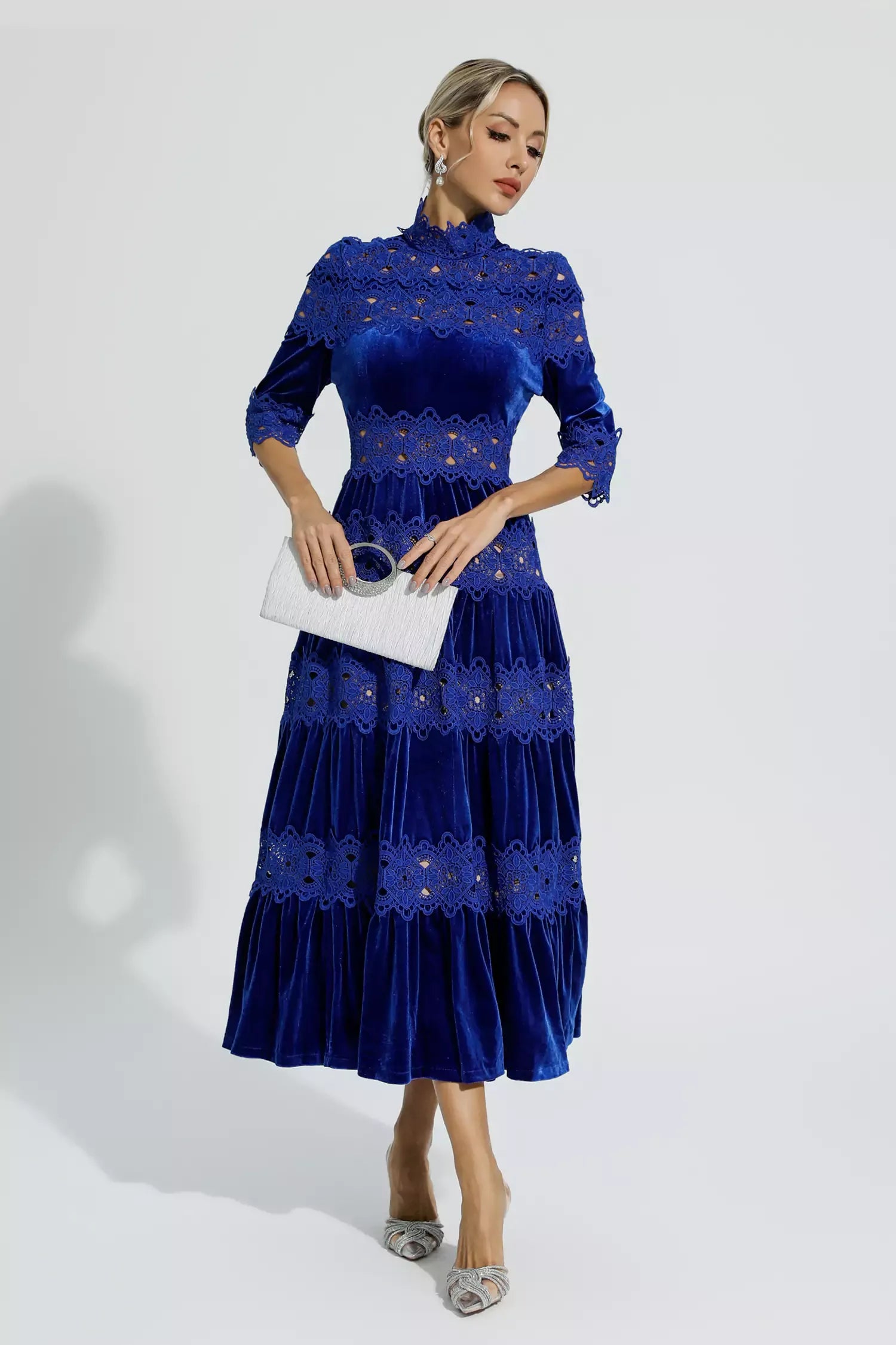 Henley Mavi Kesik Uzun Kollu Maxi Elbise