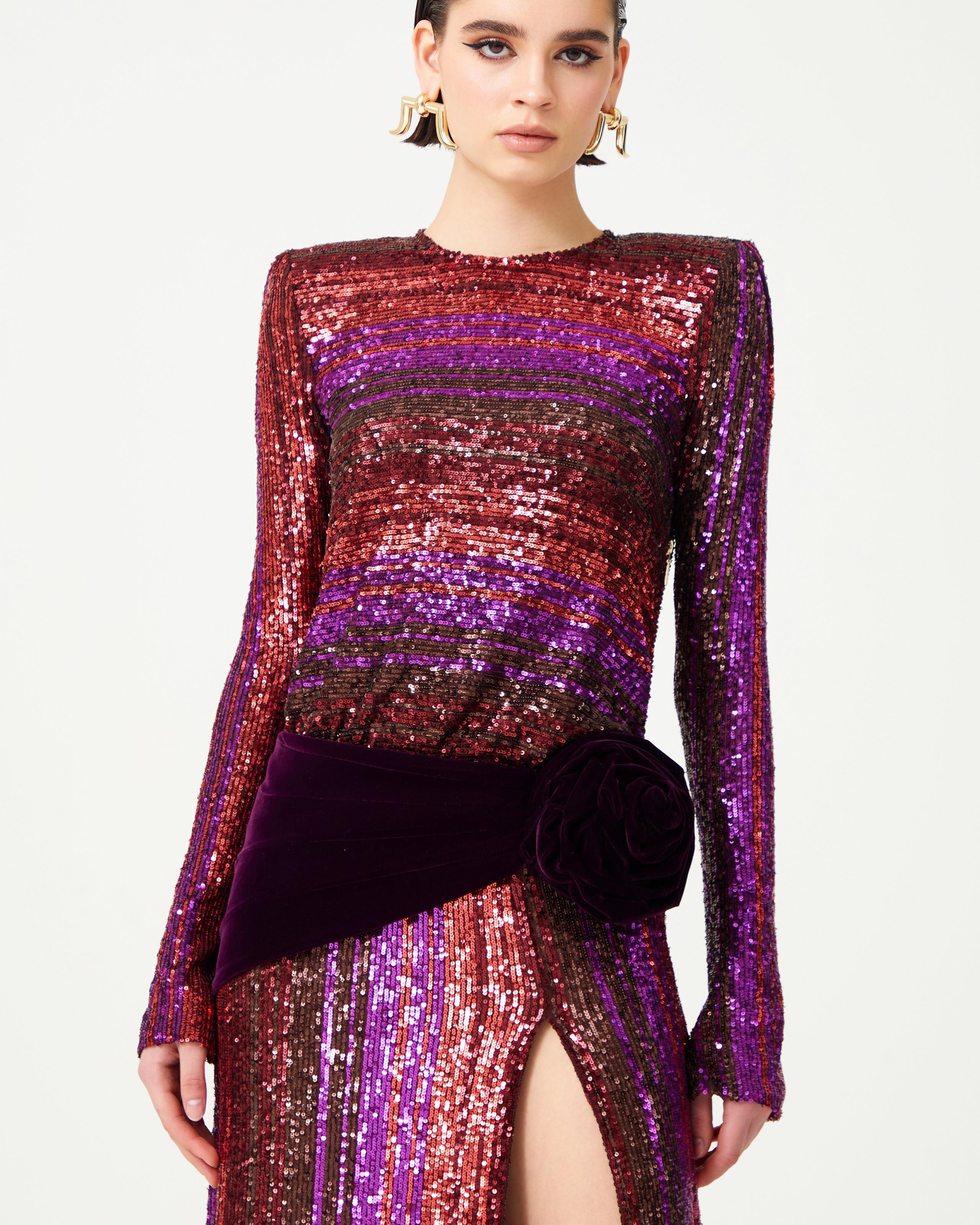 Fravia Payetler Kadife Yırtmaçlı Maxi Elbise