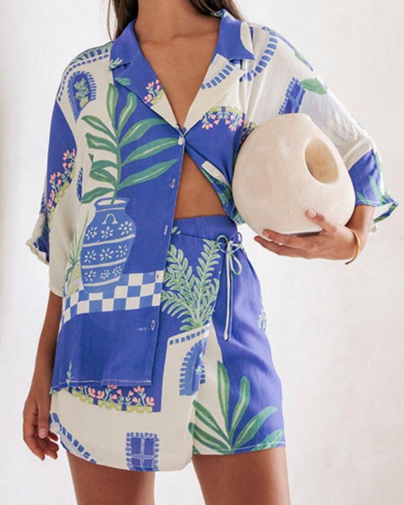 Benzersiz Baskı Gevşek Gömlek ve Elastik Beli Saran Bağcıklı Etek Seti