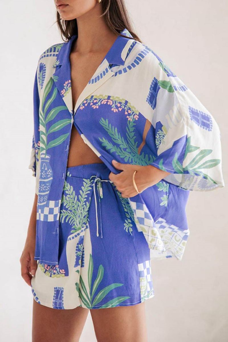 Benzersiz Baskı Gevşek Gömlek ve Elastik Beli Saran Bağcıklı Etek Seti