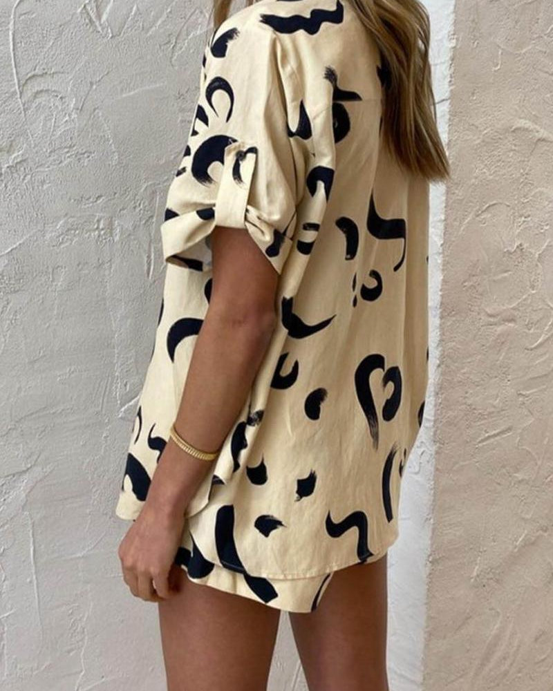 Benzersiz Sıcak Güneş Baskılı Gevşek Gömlek Şort Takımı