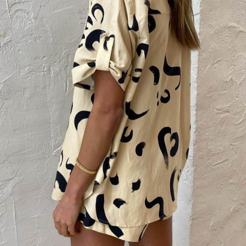 Benzersiz Sıcak Güneş Baskılı Gevşek Gömlek Şort Takımı