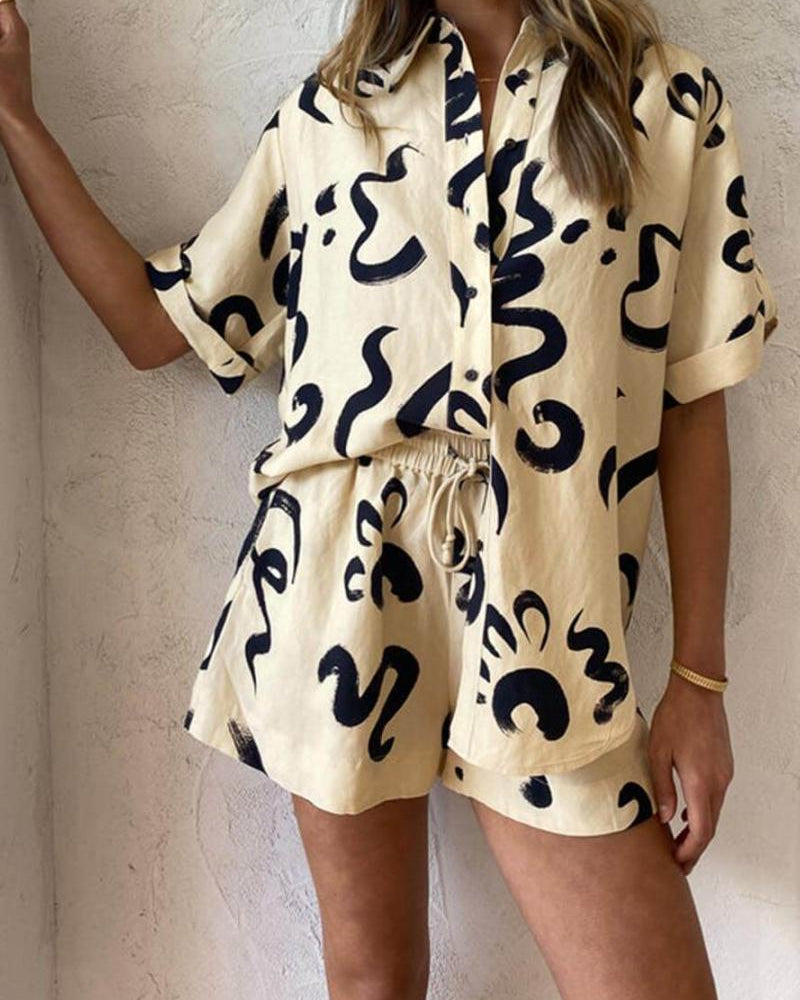 Benzersiz Sıcak Güneş Baskılı Gevşek Gömlek Şort Takımı