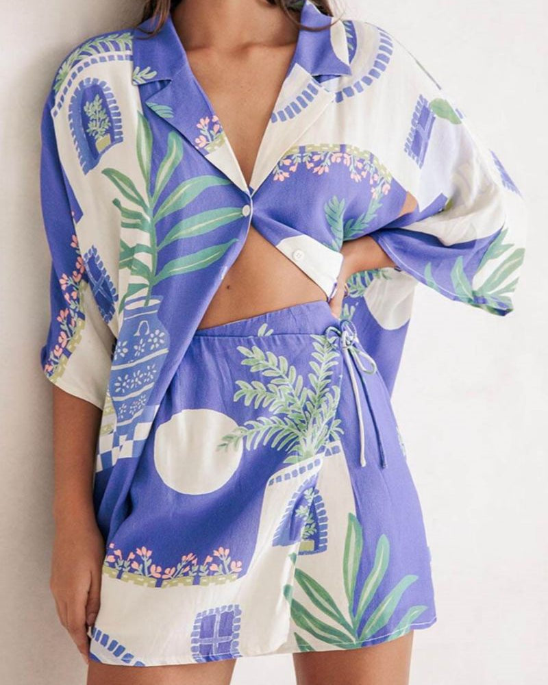 Benzersiz Baskı Gevşek Gömlek ve Elastik Beli Saran Bağcıklı Etek Seti