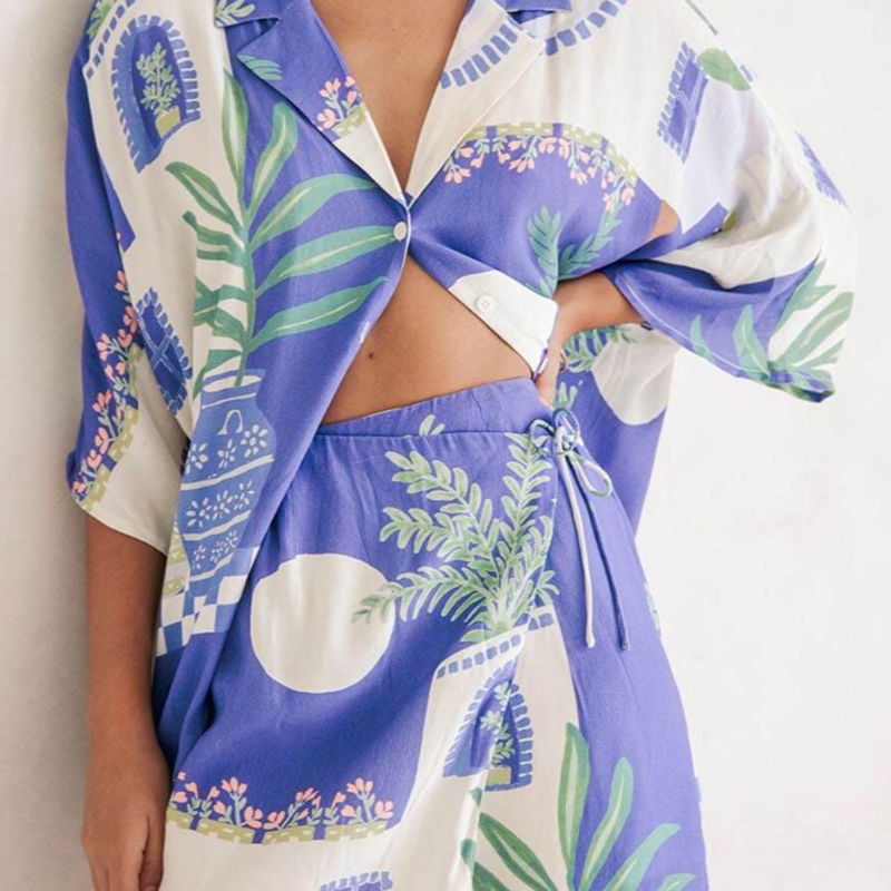 Benzersiz Baskı Gevşek Gömlek ve Elastik Beli Saran Bağcıklı Etek Seti