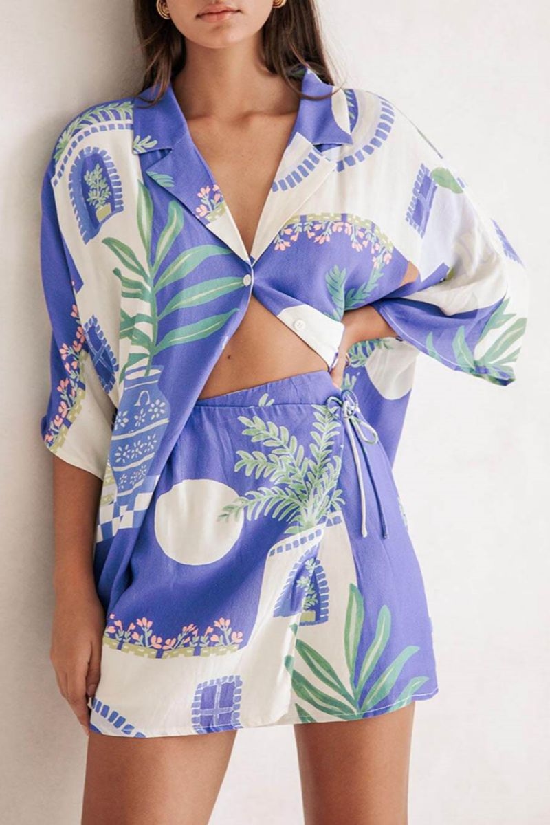 Benzersiz Baskı Gevşek Gömlek ve Elastik Beli Saran Bağcıklı Etek Seti