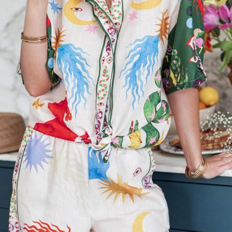 Benzersiz Baskı Kısa Kollu Bol Gömlek ve Elastik Bel Pantolon Takımı