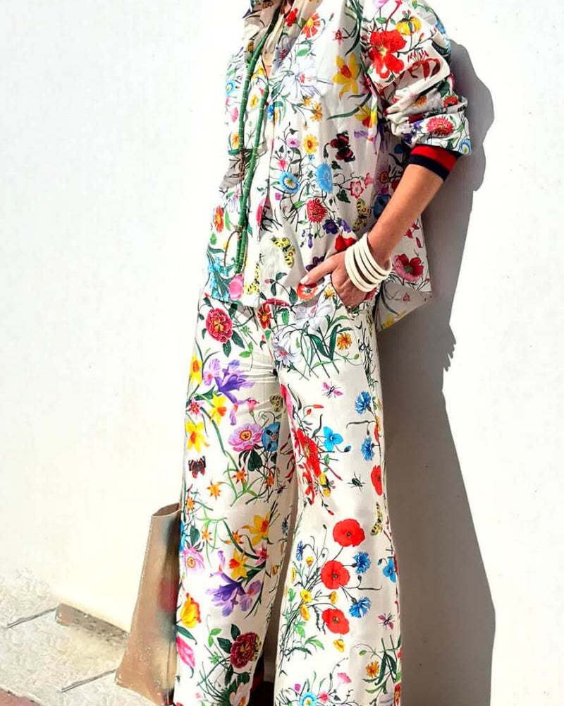 Çiçek Benzersiz Baskı Beli Lastikli Cepli Geniş Paça Pantolon-Takım