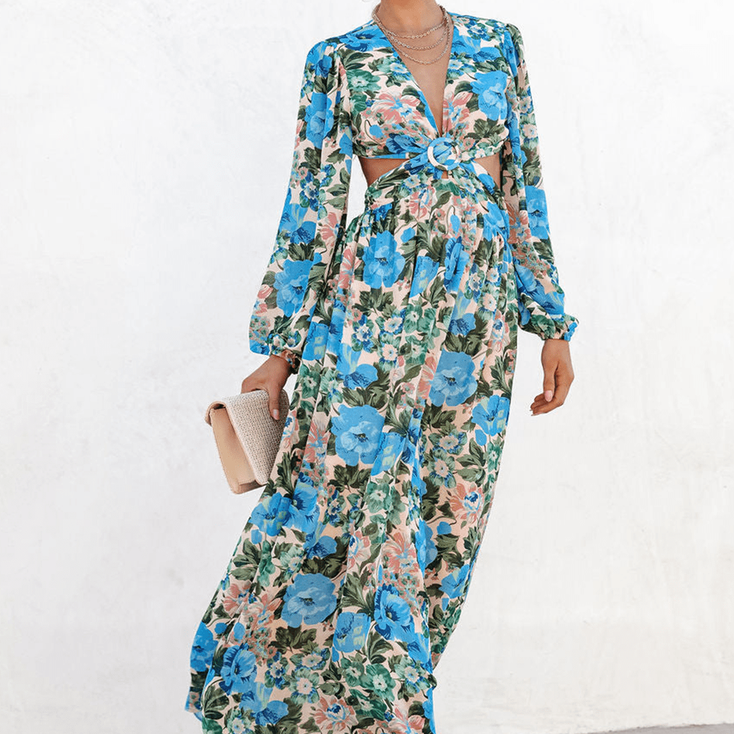 Andrey Baskılı V Yaka Cut Out Maxi Elbise