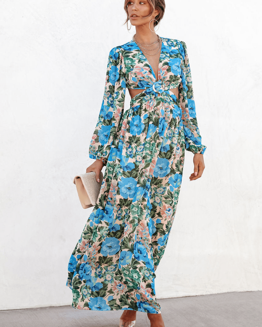 Andrey Baskılı V Yaka Cut Out Maxi Elbise