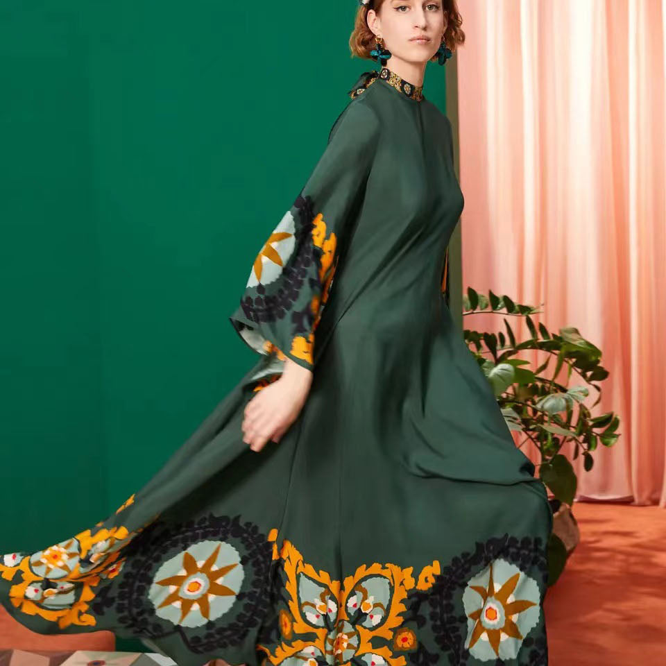 Magnifico Baskılı Maxi Elbise-Yeşil