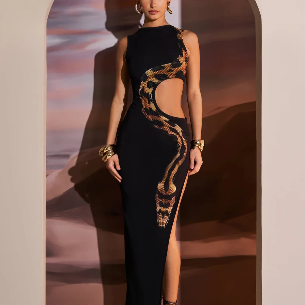 Yetta Yılan Baskılı Cut-Out Maxi Elbise