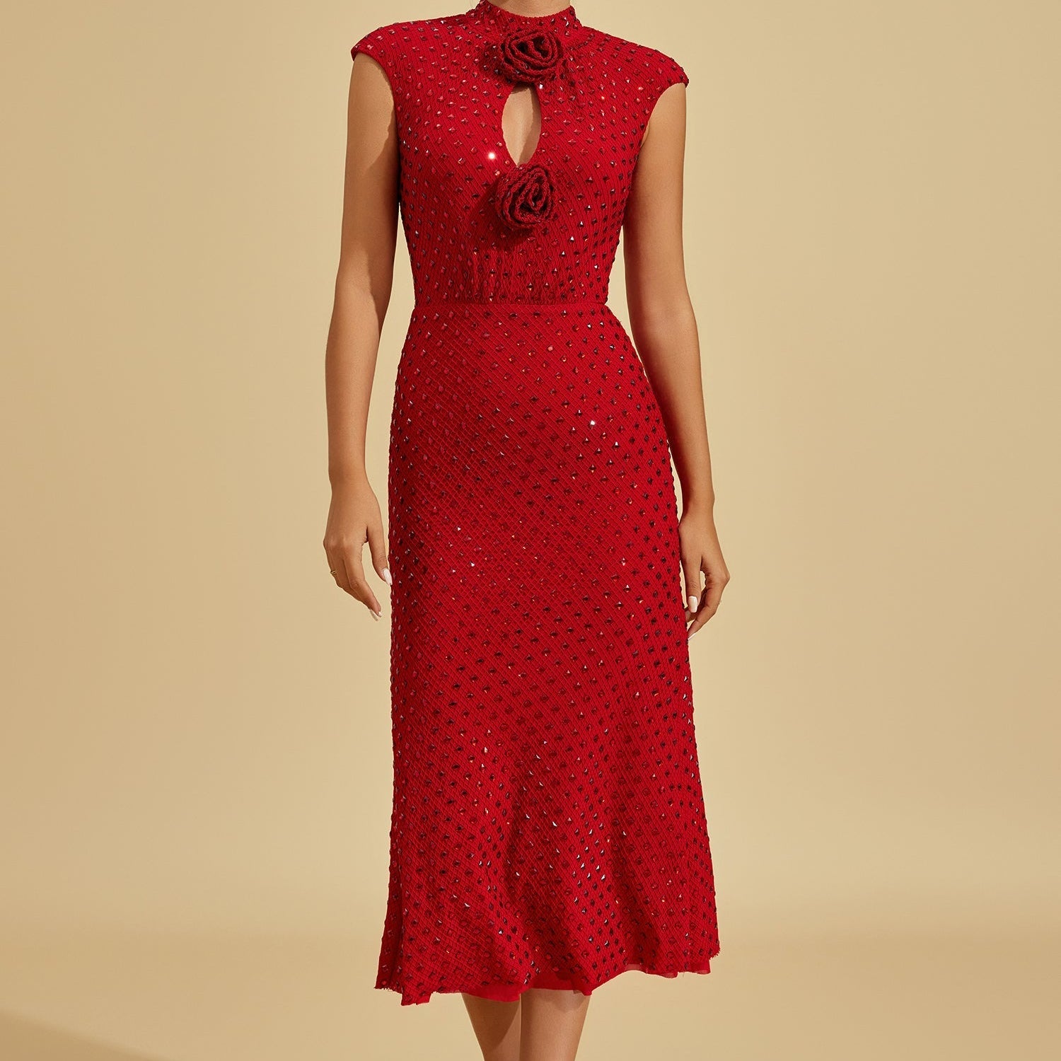 Lavinia Yakut Çiçeği Taşlı Midi Elbise