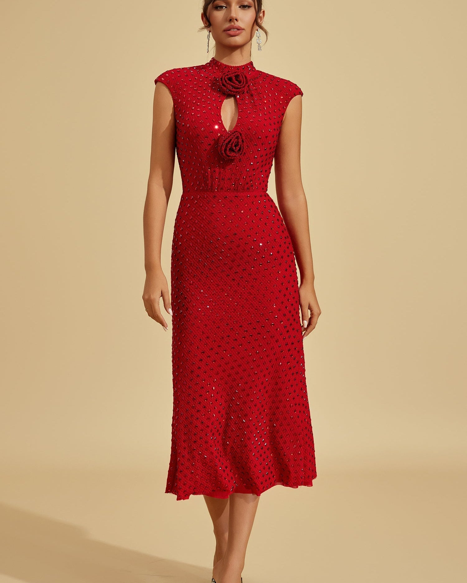 Lavinia Yakut Çiçeği Taşlı Midi Elbise