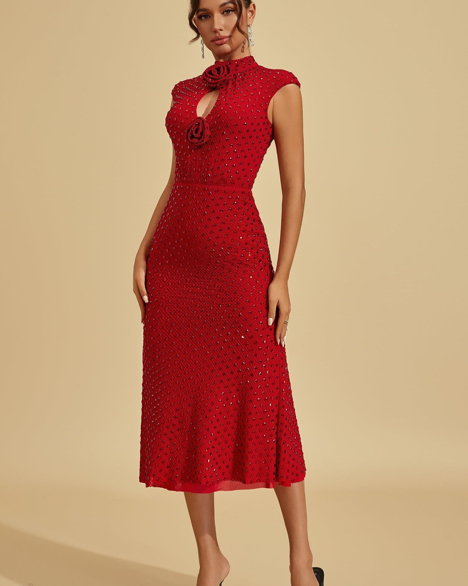 Lavinia Yakut Çiçeği Taşlı Midi Elbise