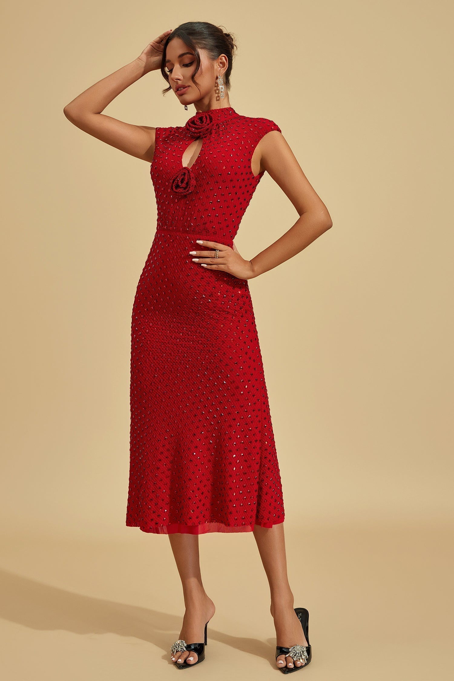 Lavinia Yakut Çiçeği Taşlı Midi Elbise