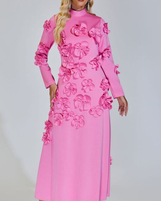 Elva Pembe Uzun Kol Çiçekli Uzun Elbise