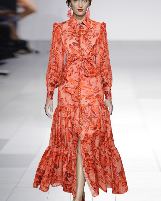 Balon kollu ve desenli Queena Maxi elbise