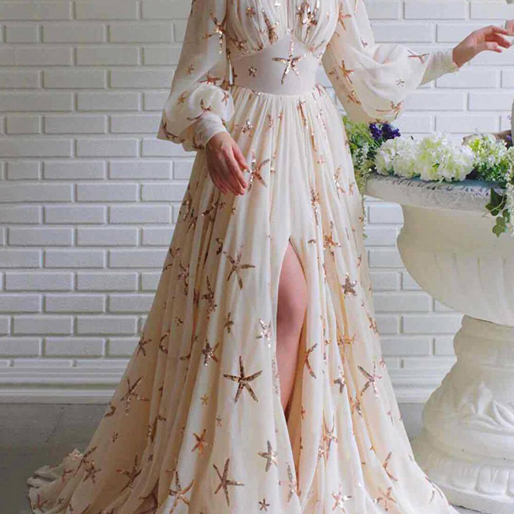 Payetli Şifon Uzun Elbise