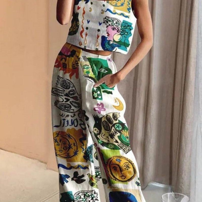 Benzersiz Baskı Tankı ve Sırtı Elastik Bel Cepli Pantolon Takım