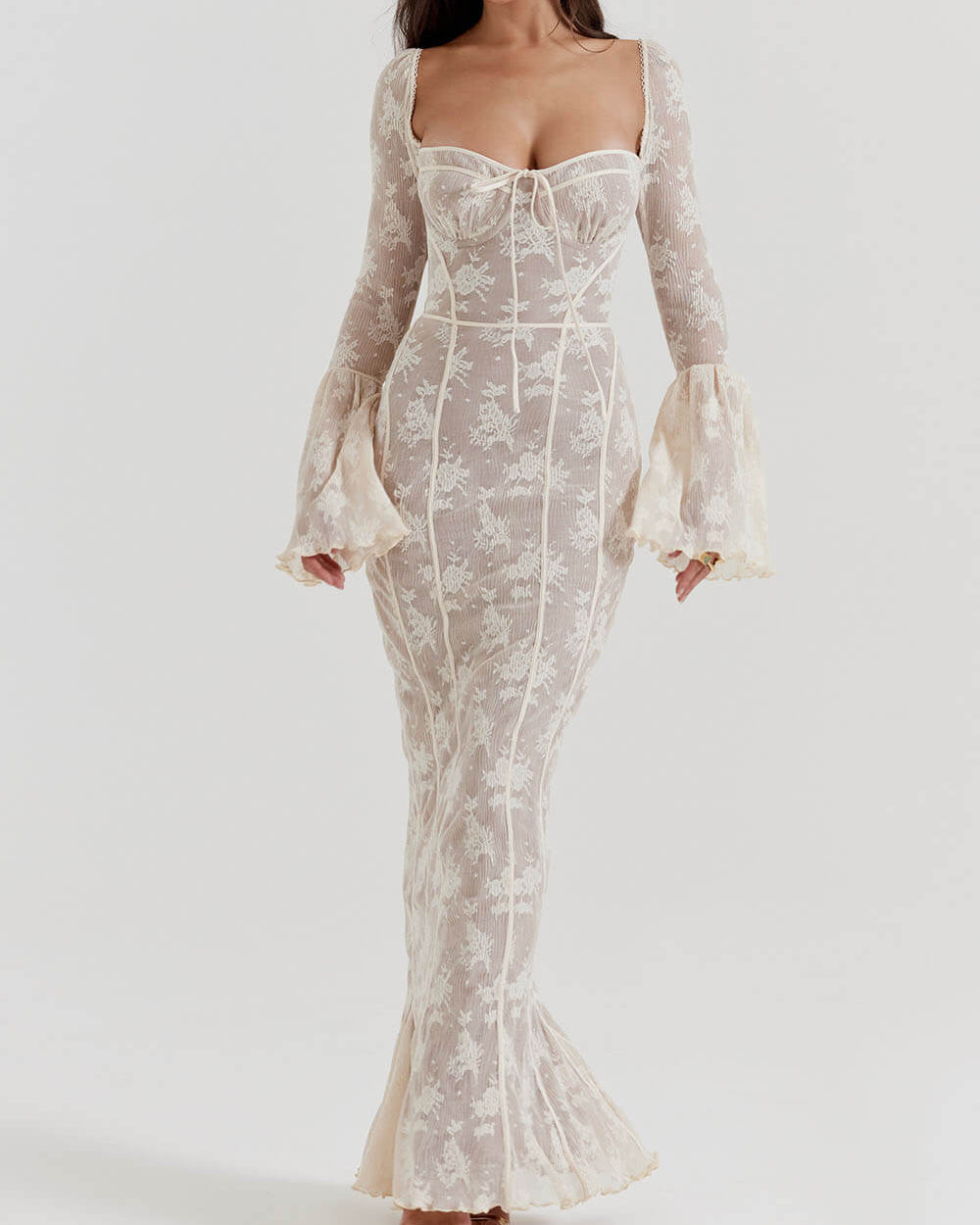 Vintage Krem Dantelli Maxi Elbise