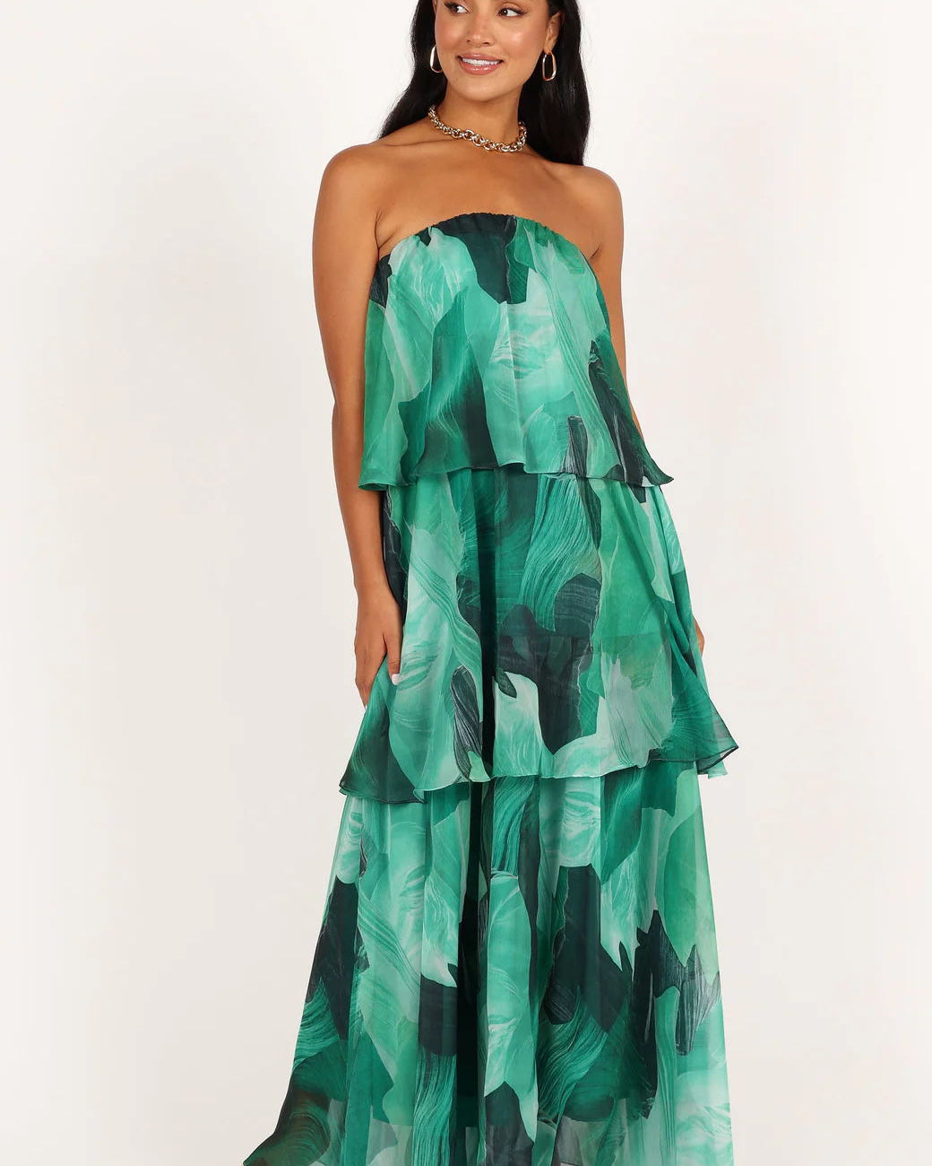 Calista Yeşil Bloom Straplez Katlı Uzun Elbise