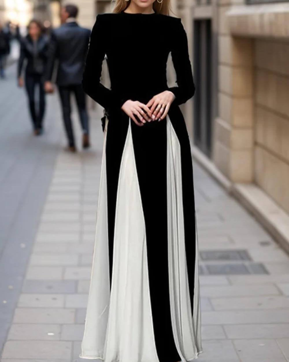 Glam Zarif Panelli Tül Uzun Kollu A Kesim Maxi Elbise