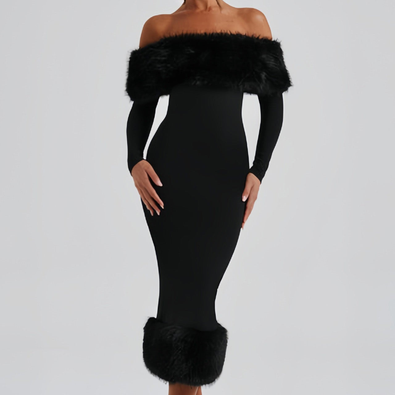 Kürk Yaka Askılı Vücuda Oturan Midi Elbise