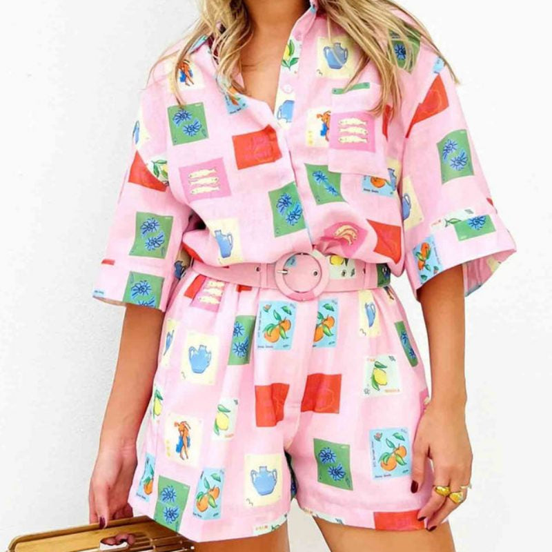 Şort Takım - Pembe Pul Desenli