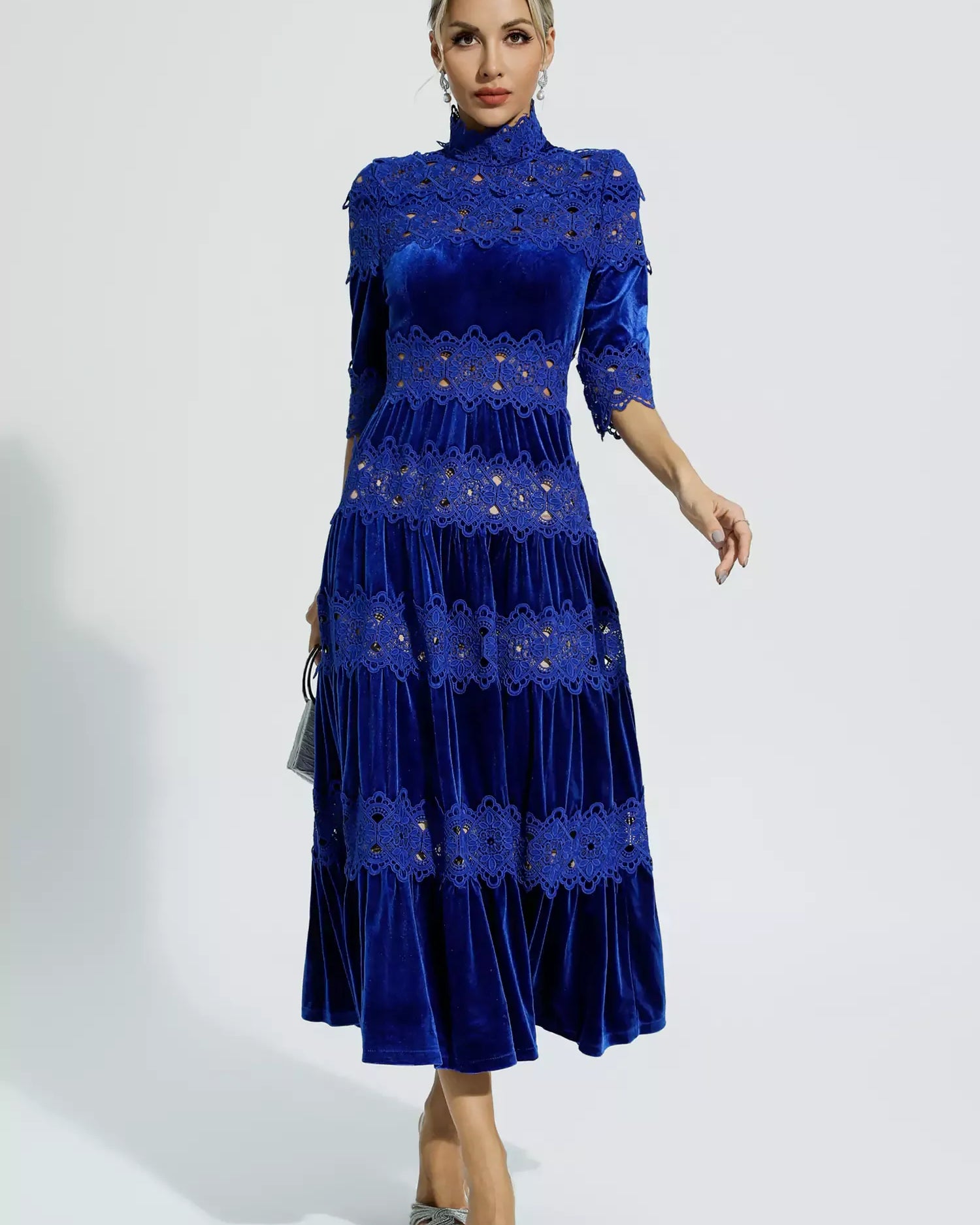 Henley Mavi Kesik Uzun Kollu Maxi Elbise