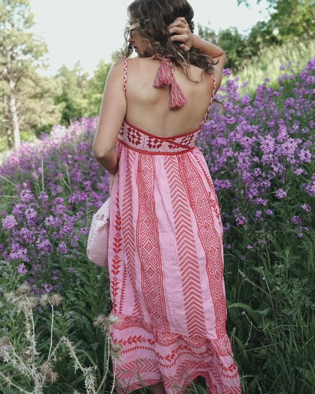 Naomi Baskılı İşlemeli Bağcıklı Askılı Midi Elbise