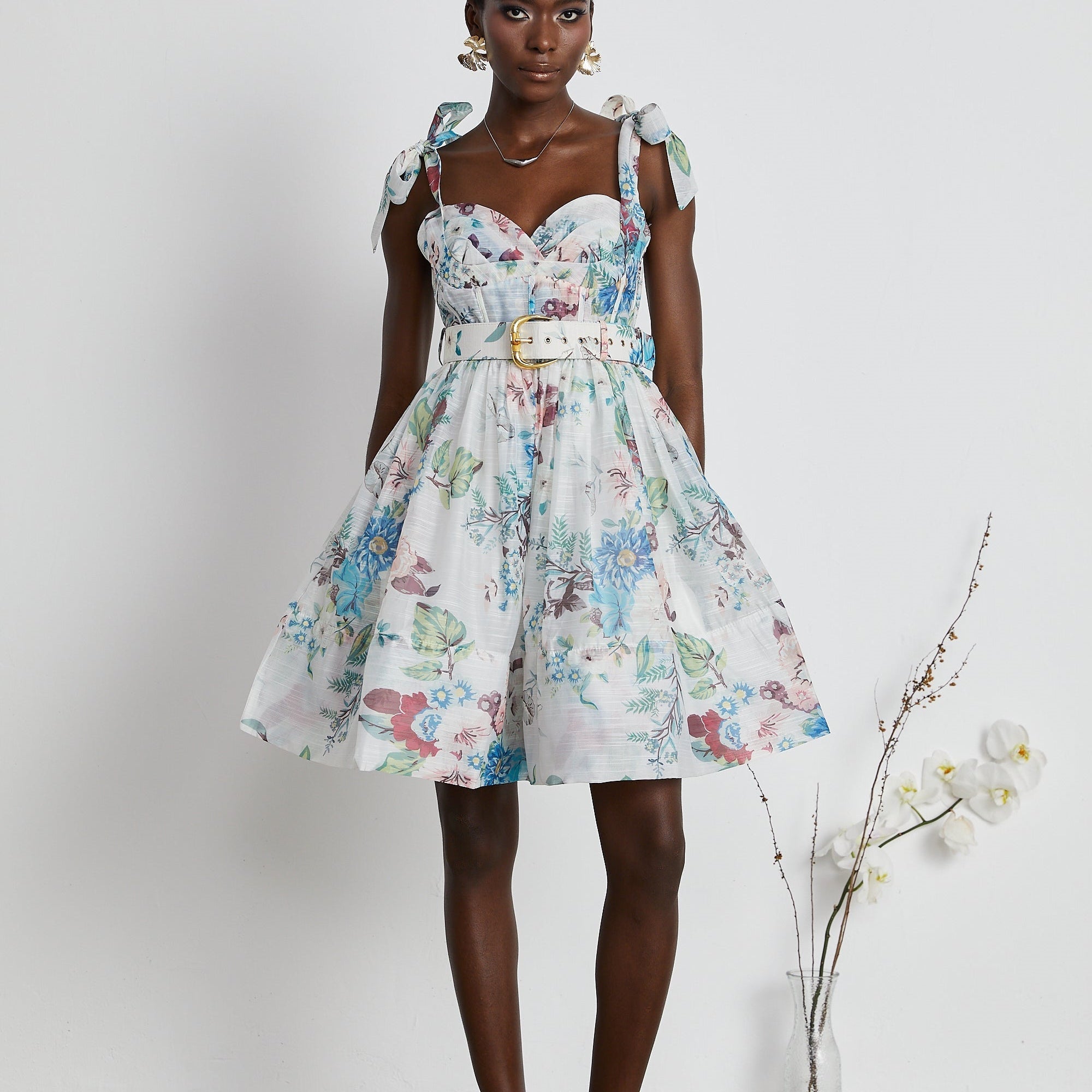 Ophelia Floreal Baskılı Kemerli Mini Elbise