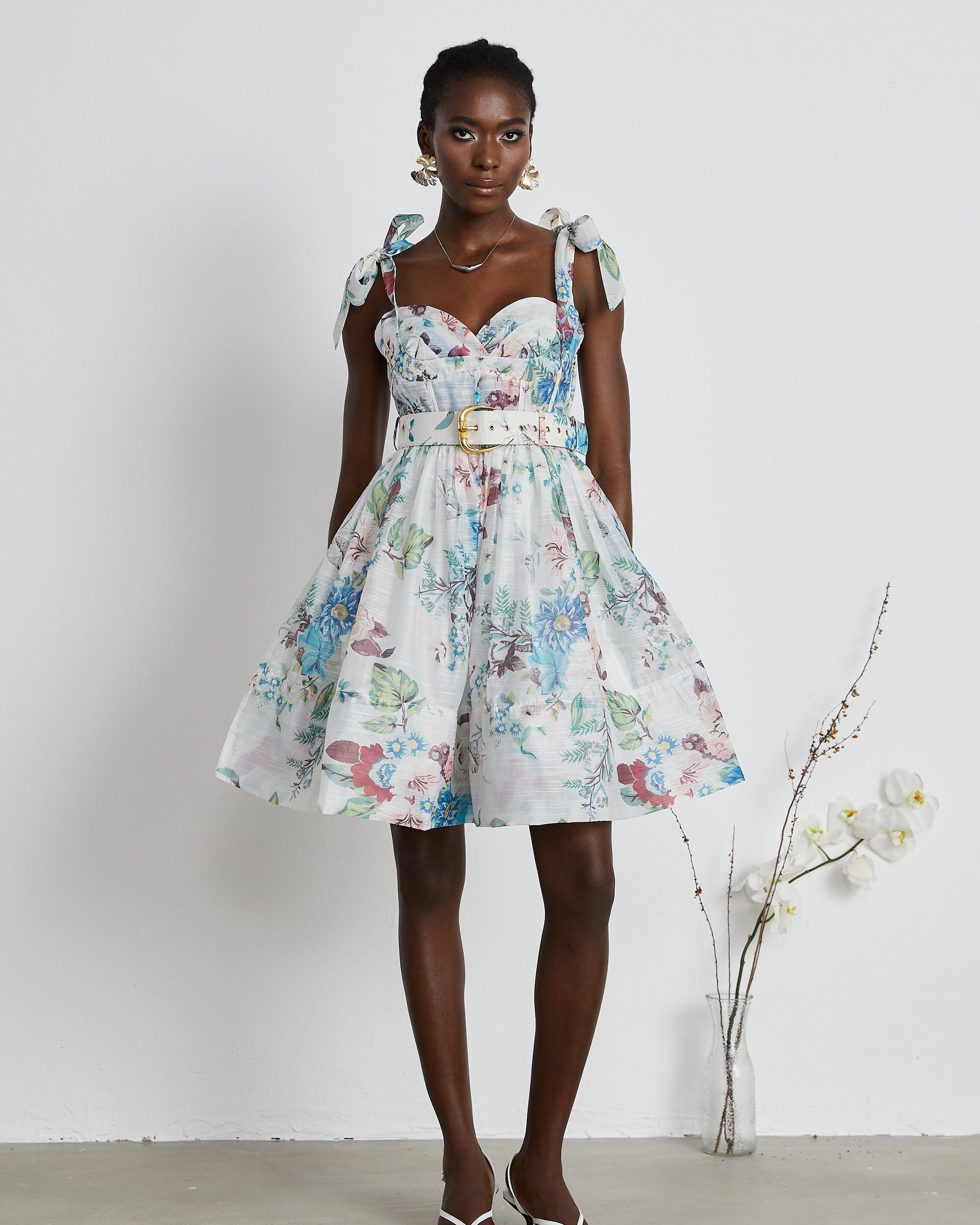 Ophelia Floreal Baskılı Kemerli Mini Elbise