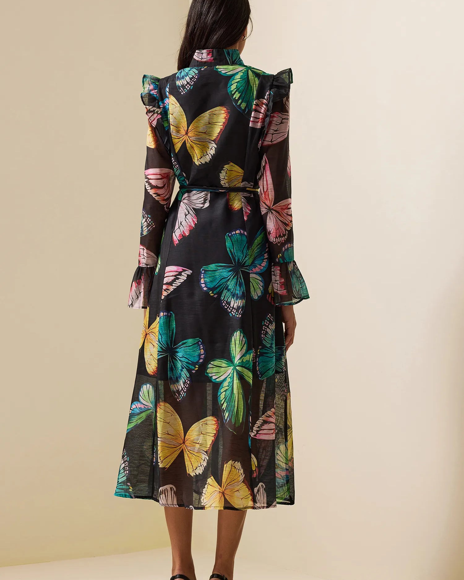 Kelebek Desenli Fener Kol Midi Elbise