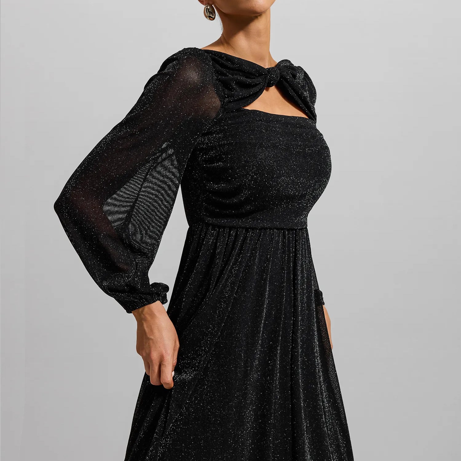 Düğümlü Dantelli Fener Kol Midi Elbise