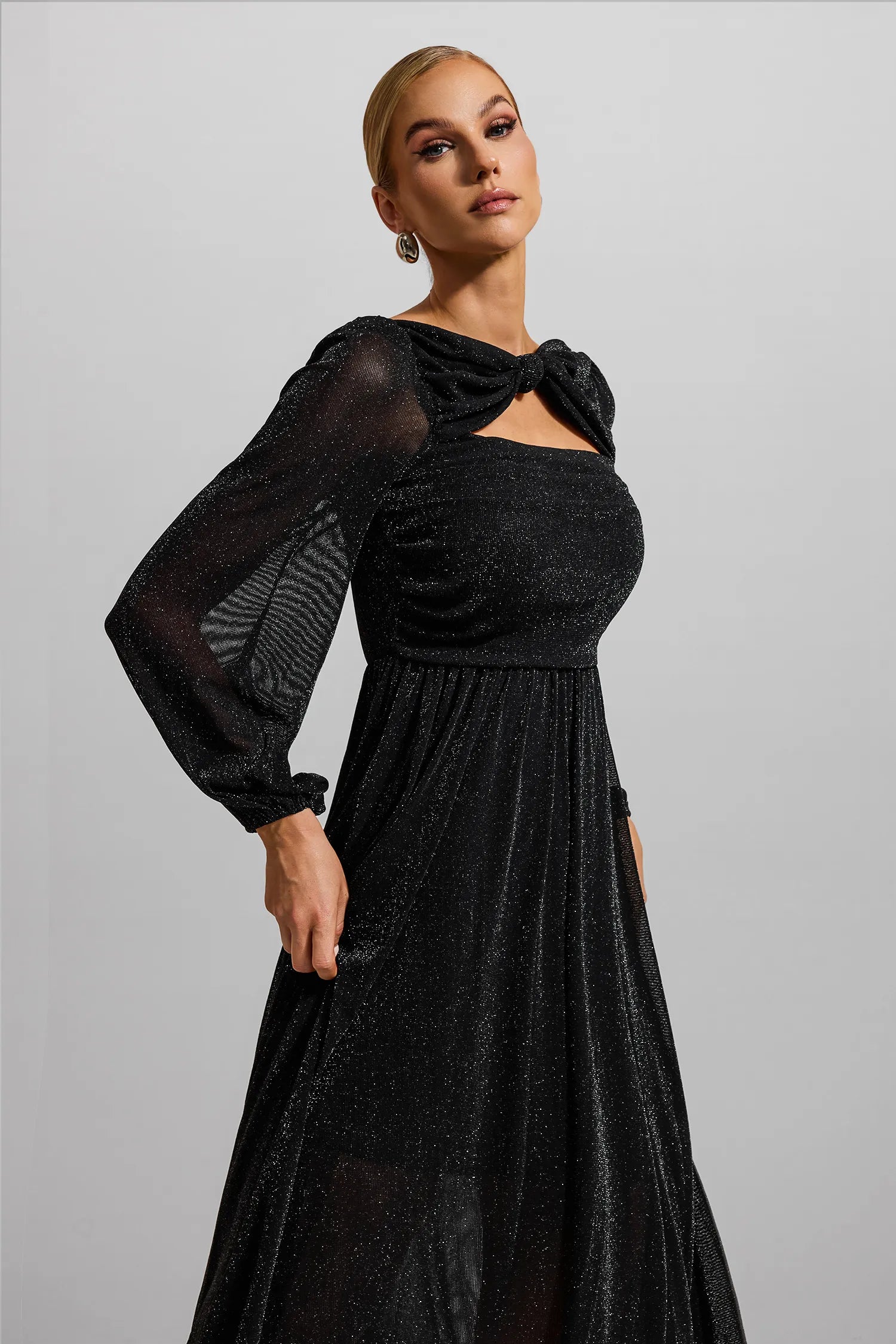 Düğümlü Dantelli Fener Kol Midi Elbise