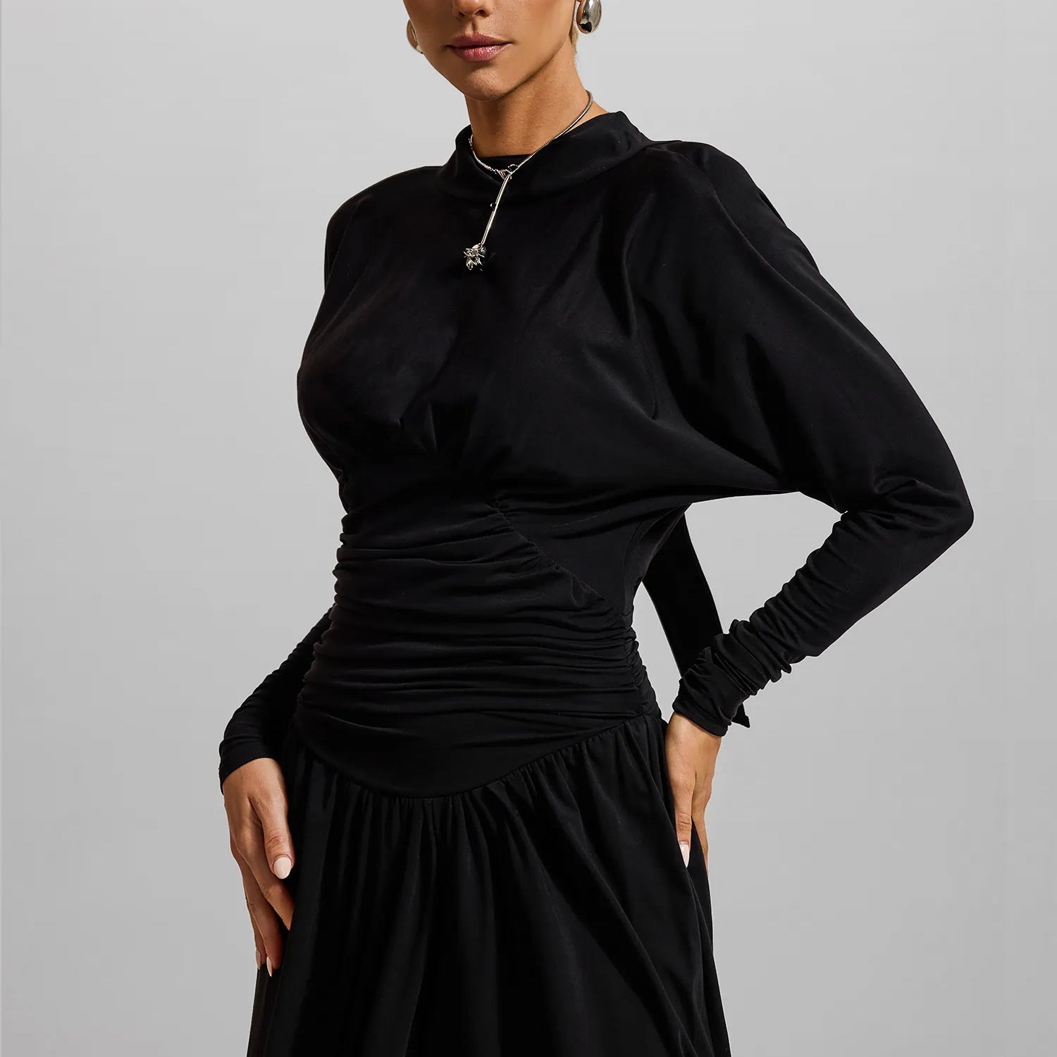 Jersey Katı Dantelli Uzun Kollu Maxi Elbise