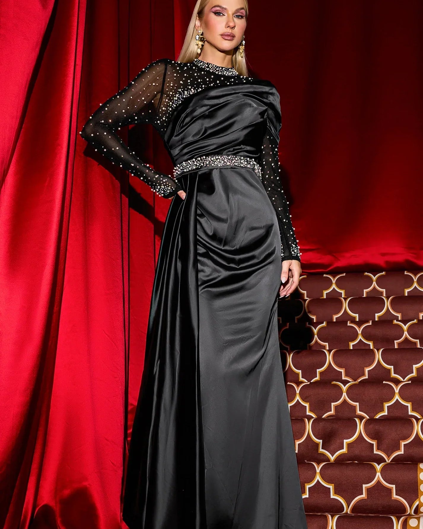 Seren Taşlı Suni İnci Saten Maxi Elbise