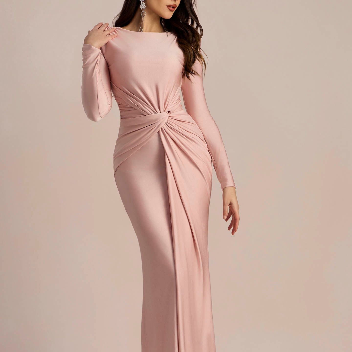 Amanda Uzun Kollu Büküm Önü Maxi Elbise