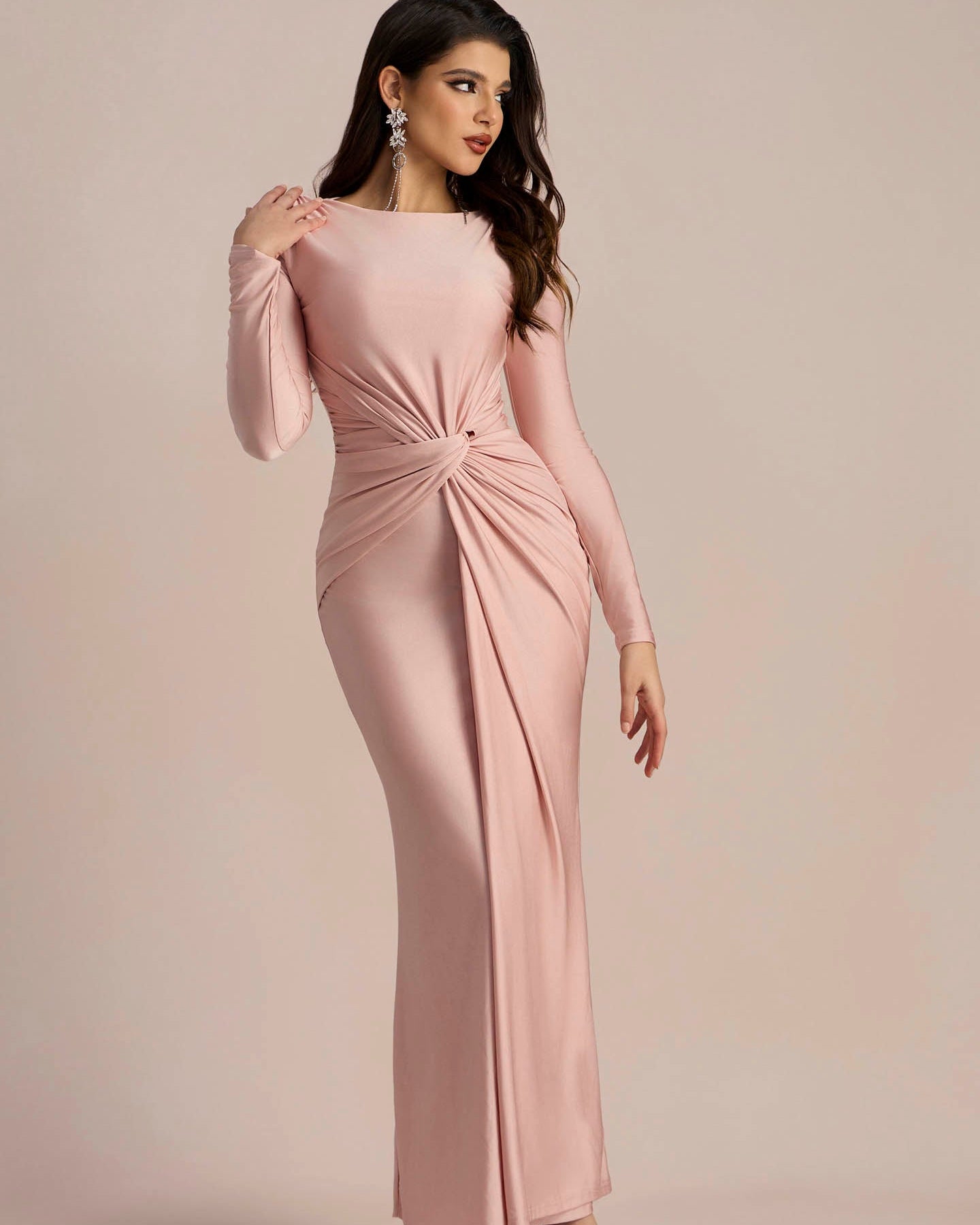 Amanda Uzun Kollu Büküm Önü Maxi Elbise