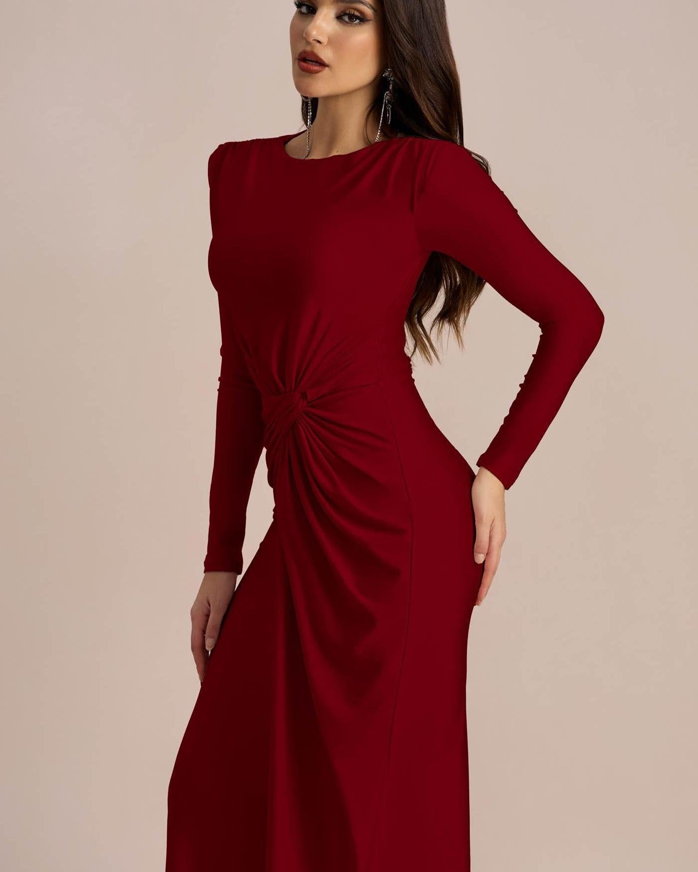 Amanda Uzun Kollu Büküm Önü Maxi Elbise