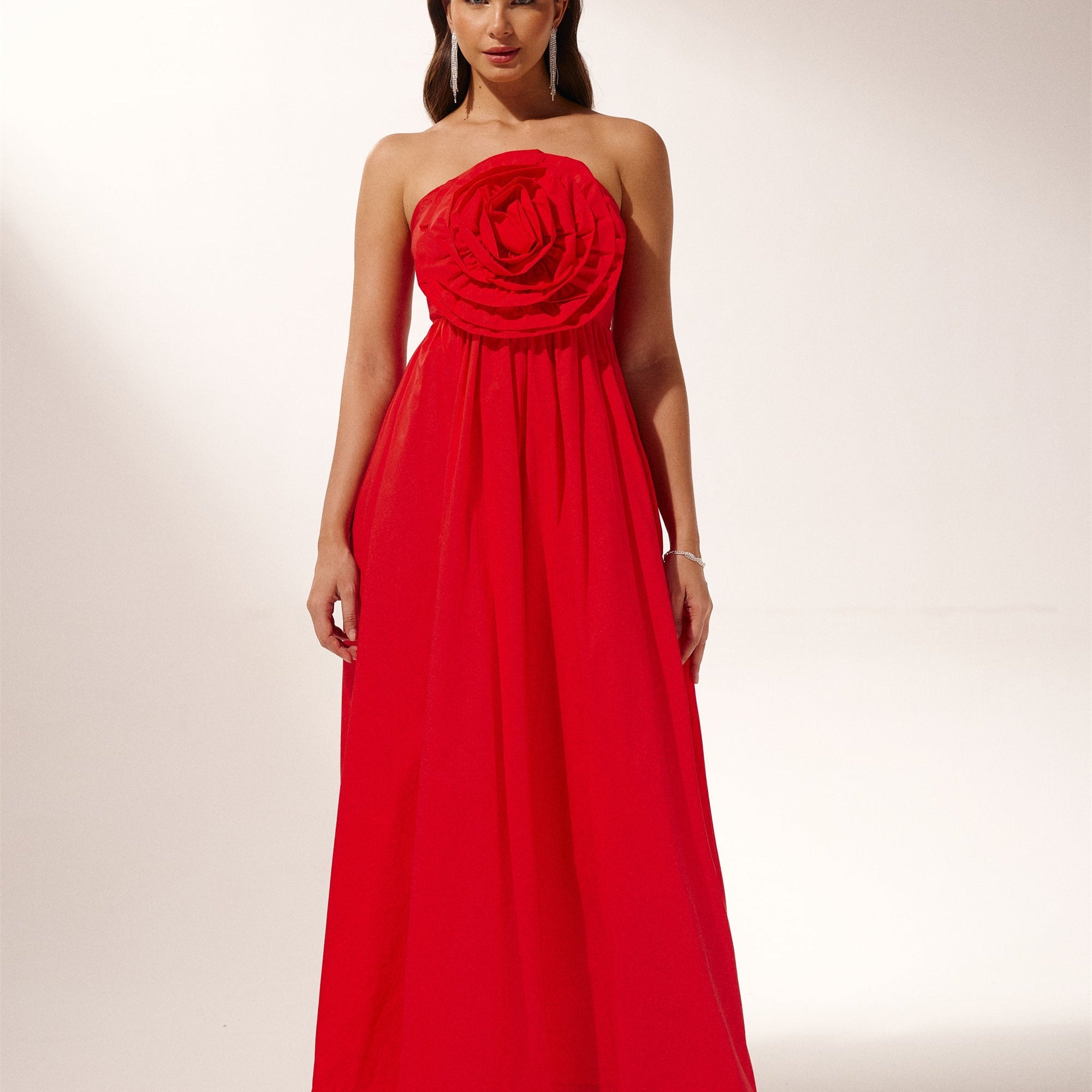 Frederica Flower Straplez Uzun Elbise