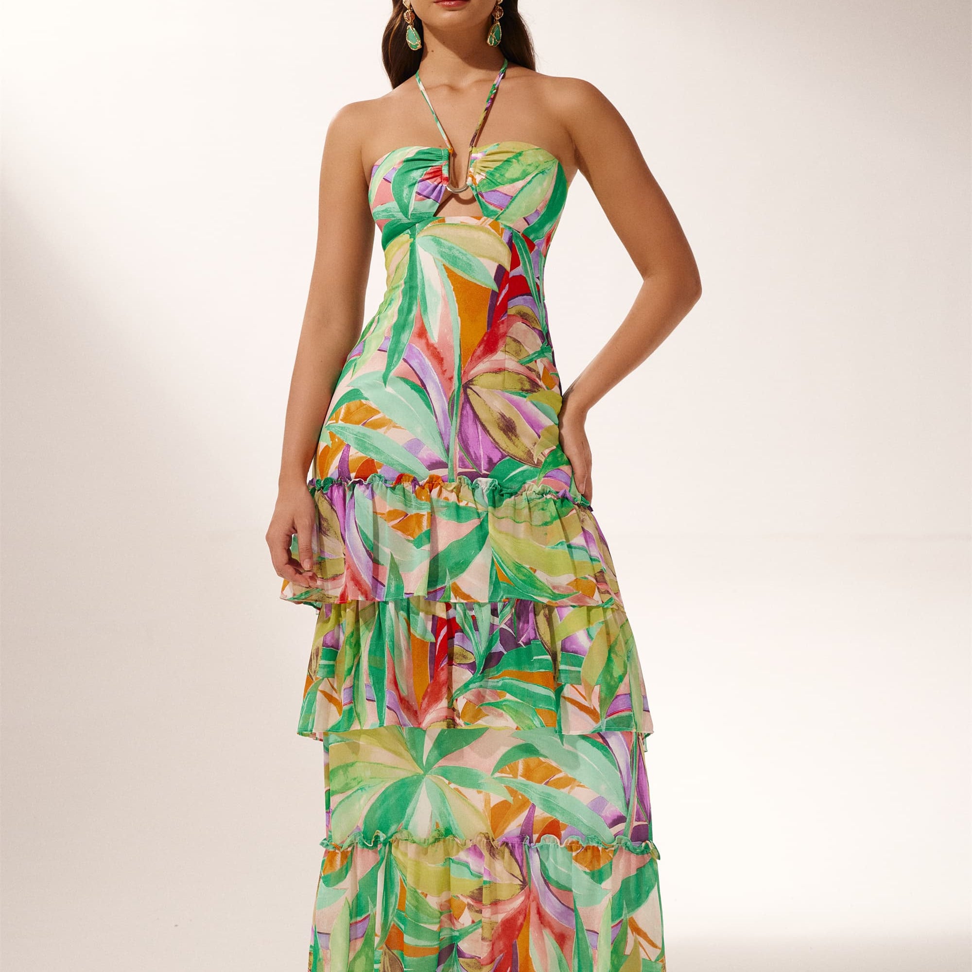 Myra Boyundan Bağlamalı Katlı Uzun Elbise